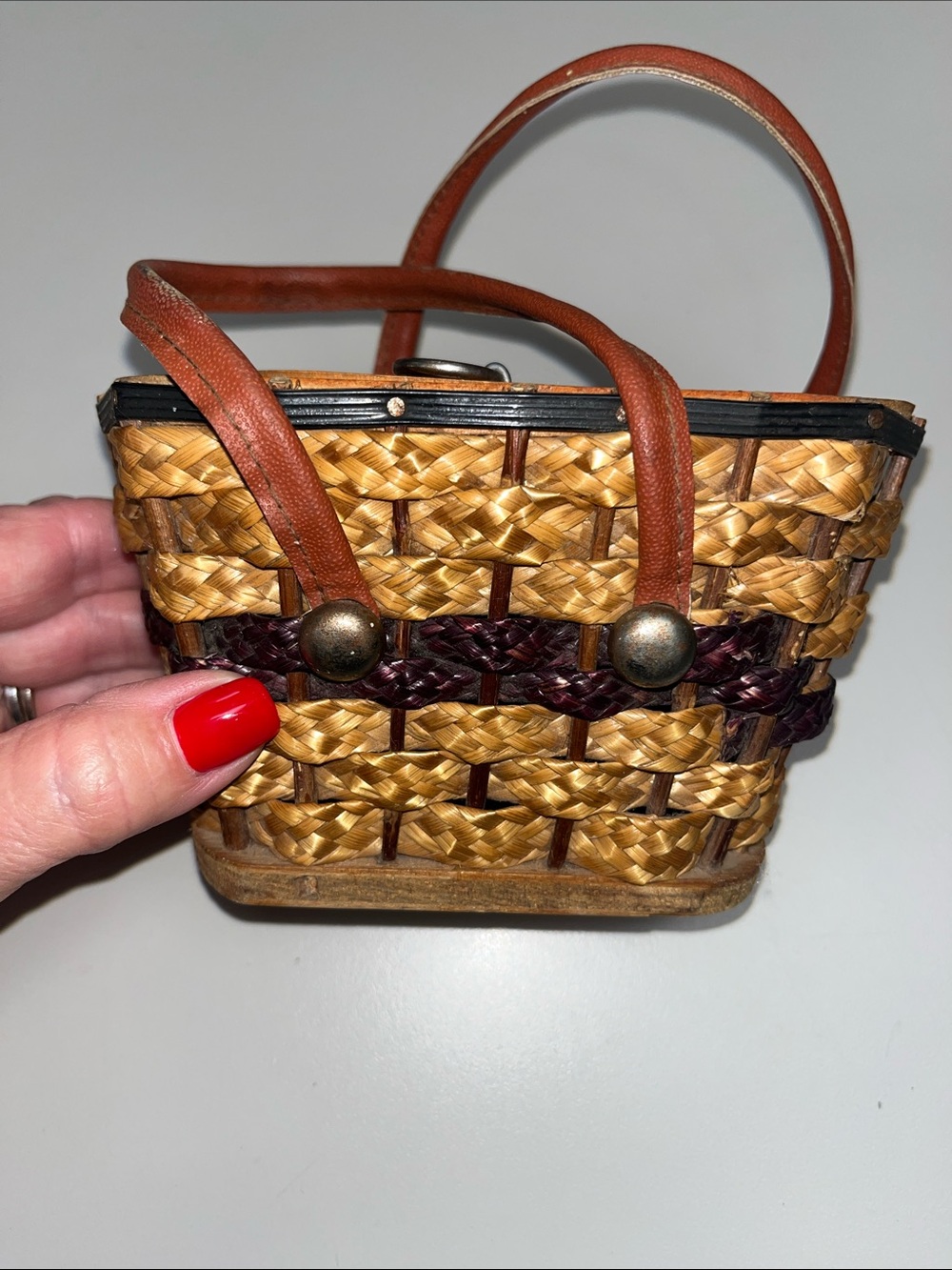 Woven Straw Mini Tote Bag with Brown Leather Handles